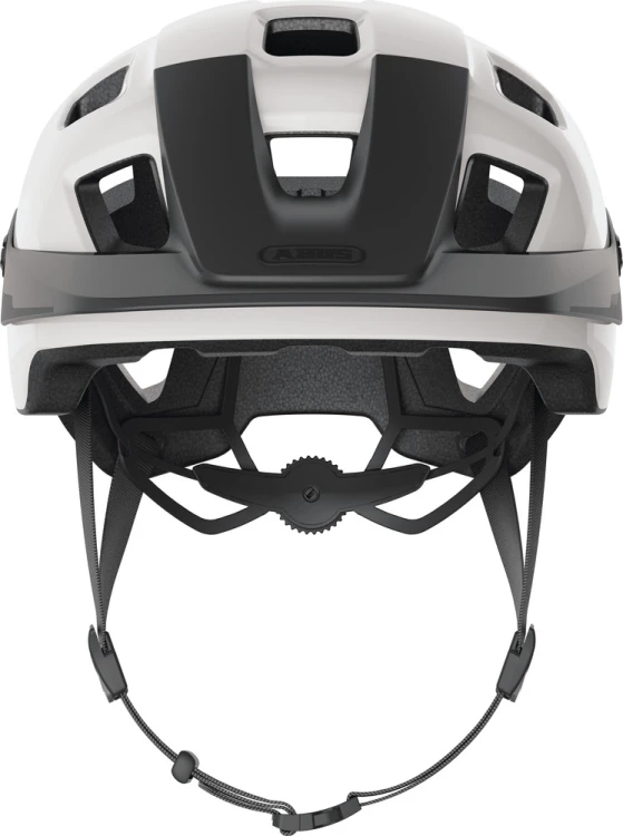 Kask Abus MOTRIP MIPS shiny white (biały) - ujęcie 3/4 z przodu z daszkiem ochronnym i paskami