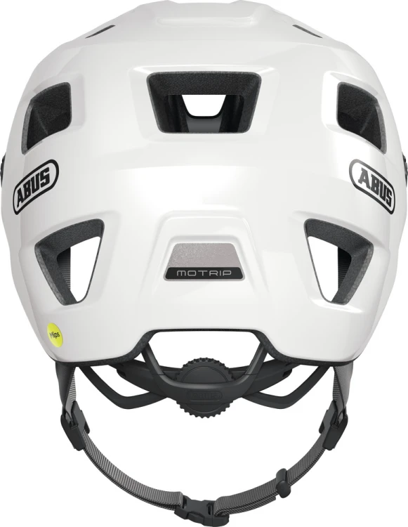 Kask Abus MOTRIP MIPS shiny white (biały) - ujęcie 3/4 od tyłu z systemem dopasowania Zoom Ace i odblaskiem