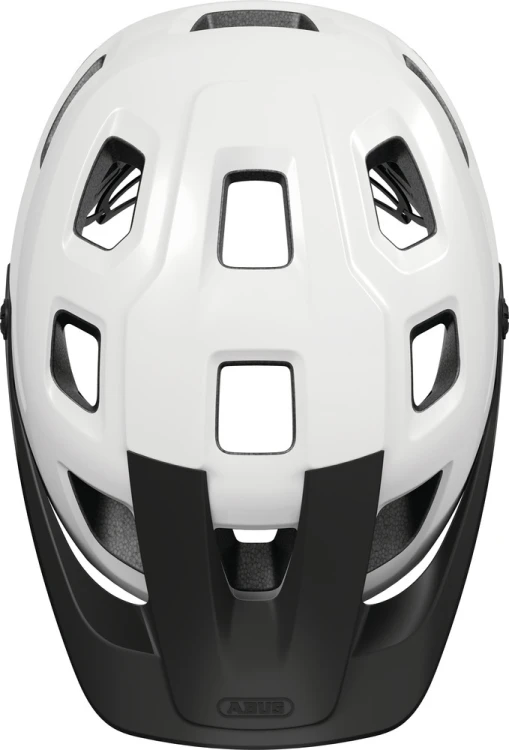 Kask Abus MOTRIP MIPS shiny white (biały) - widok frontalny z kanałami powietrznymi i siatką przeciw owadom