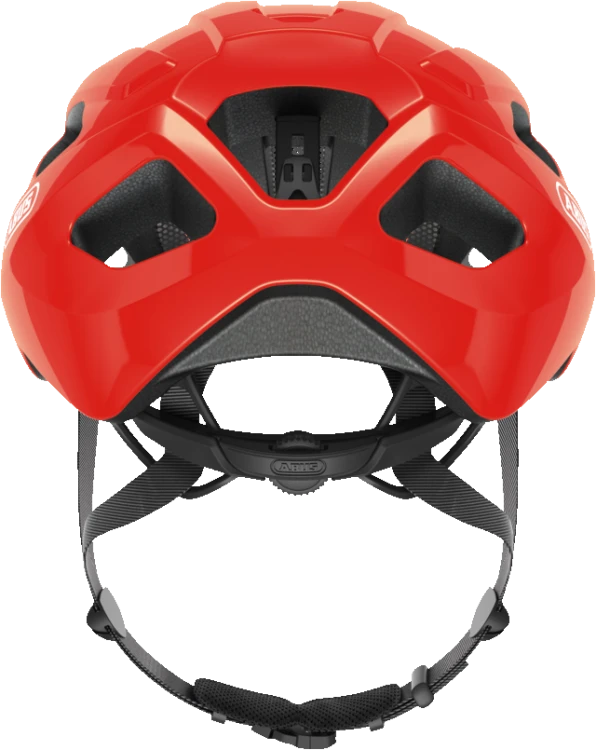 Kask Abus Macator shrimp orange (pomarańczowy) - rzut z perspektywy przedniej z wentylacją