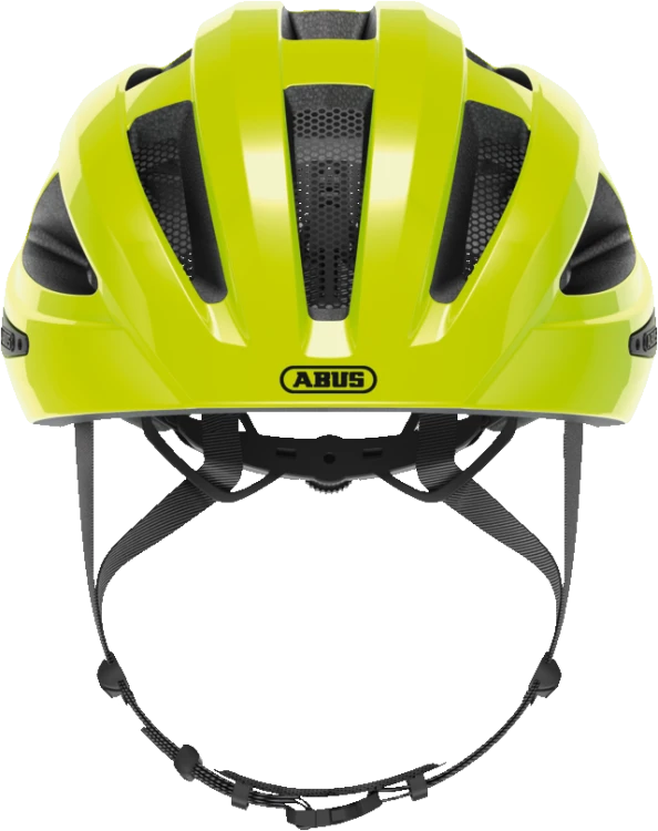 Kask Abus Macator signal yellow (żółty) - rzut z perspektywy przedniej z wentylacją