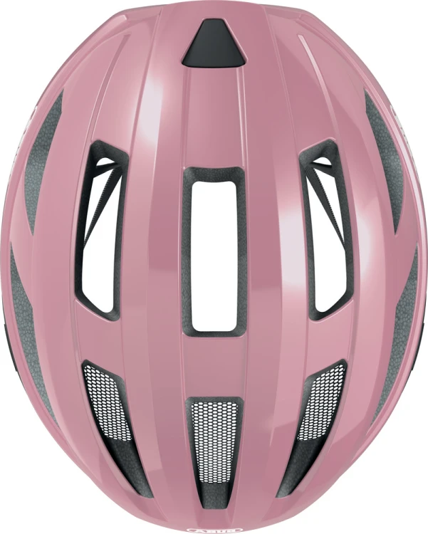 Kask Abus Macator shiny rose (różowy) - widok bezpośrednio od tyłu z wylotami powietrza i pokrętłem