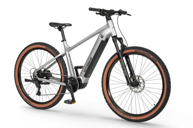 Rower elektryczny ECOBIKE SX300 silver - ujęcie z przodu od strony napędu