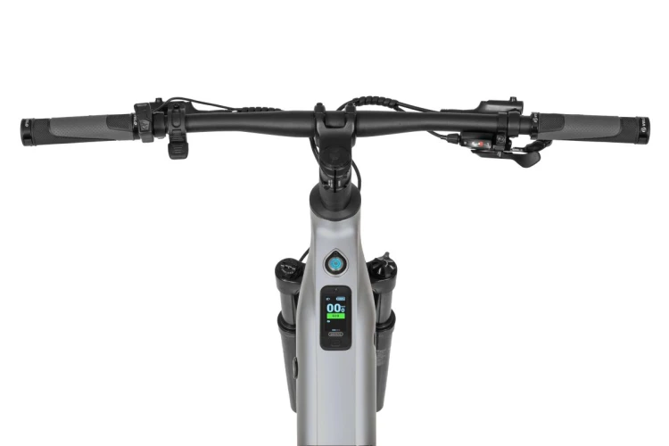 Rower elektryczny ECOBIKE SX300 silver - widok z góry na kierownicę, manetki i kolorowy wyświetlacz