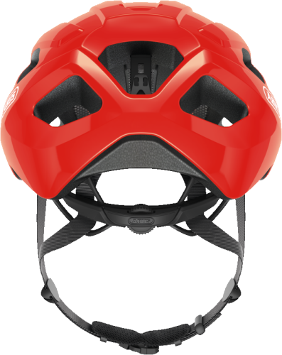 Kask Abus Macator shrimp orange (pomarańczowy) - rzut z perspektywy przedniej z wentylacją