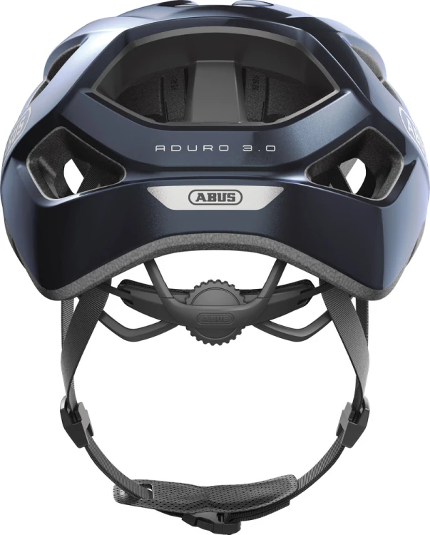 Kask Abus Aduro 3.0 midnight blue (ciemnoniebieski) - widok bezpośrednio od tyłu z wylotami powietrza i pokrętłem