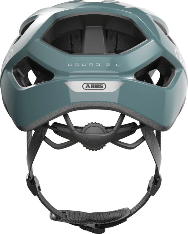 Kask Abus Aduro 3.0 glacier blue (niebieski) - widok bezpośrednio od tyłu z wylotami powietrza i pokrętłem