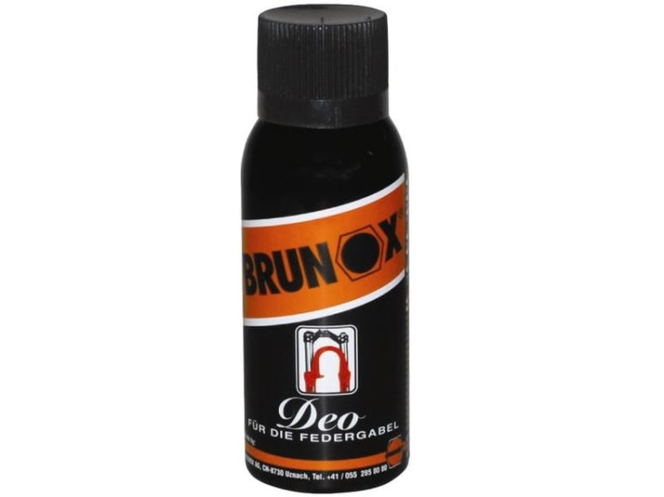 Spray Brunox Deo 100 ml do konserwacji goleni amortyzatorów rowerowych i tłumików.