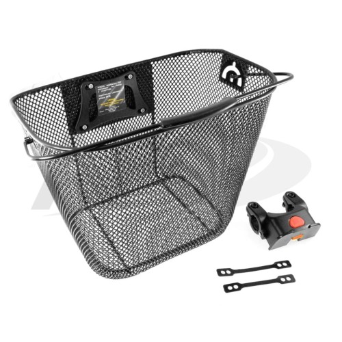 Czarny siatkowy koszyk rowerowy HT-512 z uniwersalnym uchwytem na kierownicę i systemem szybkiego wypinania