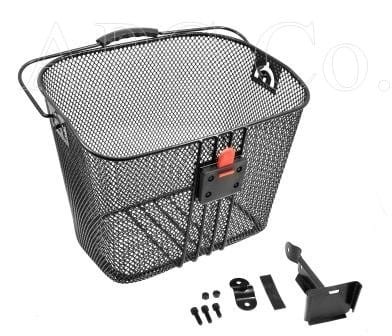 Czarny metalowy koszyk rowerowy przedni HT-102 z siatki z uchwytem do szybkiego wypinania na wspornik kierownicy