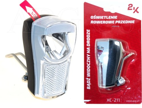 Czarna lampka rowerowa przednia XC-211 montowana na widelec z diodą LED i dużym wbudowanym odblaskiem