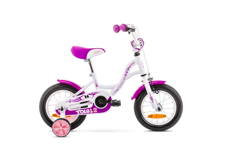 Biało-fioletowy rower dziecięcy Romet Tola 12 cali na stalowej ramie z osłoną łańcucha