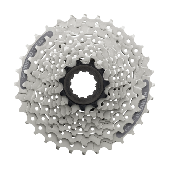 Srebrna kaseta rowerowa Shimano CS-HG201 (9 rzędów) o stopniowaniu 11-32T z widocznymi nacięciami HyperGlide.