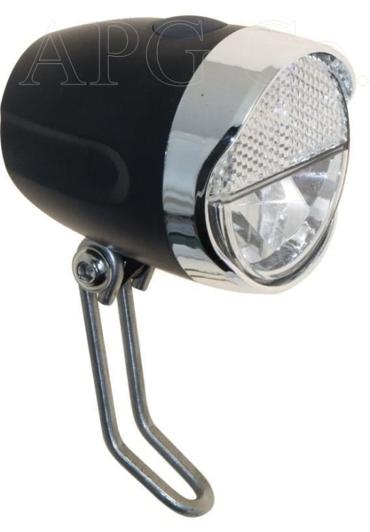 Bateryjna lampka przednia JY-7110 z metalowym uchwytem, czarno-srebrna obudowa, 1 LED.