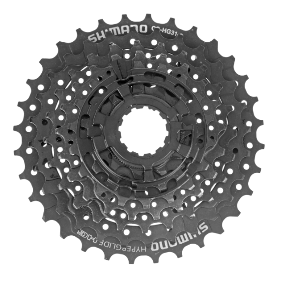 Czarna kaseta rowerowa Shimano CS-HG31 (8 rzędów) o zakresie 11-30T, technologia HyperGlide.