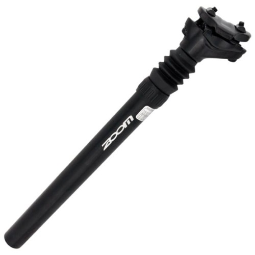 Czarna aluminiowa sztyca podsiodłowa ZOOM z amortyzacją, średnica 31,6 mm, długość 350 mm.