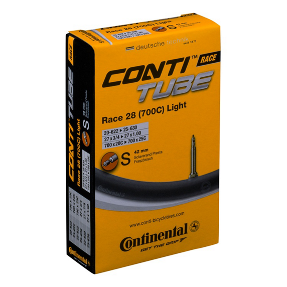 Lekka dętka rowerowa Continental Race 28 Light z zaworem Presta 42mm w charakterystycznym żółtym pudełku.