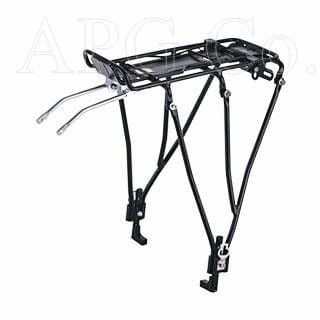 Czarny aluminiowy bagażnik rowerowy 2K BLF-H28 z regulacją pod koła 24-29 cali, przystosowany do montażu sakw.