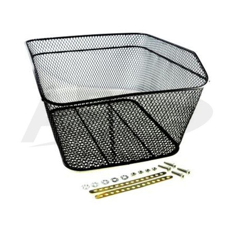 Czarny stalowy kosz rowerowy siatkowany HT-113 o wymiarach 38x29x19 cm, montowany na stałe.