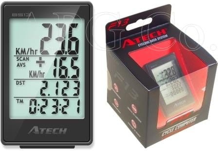 Czarny bezprzewodowy licznik rowerowy Atech MCT20-BV F16 z dwuliniowym wyświetlaczem.