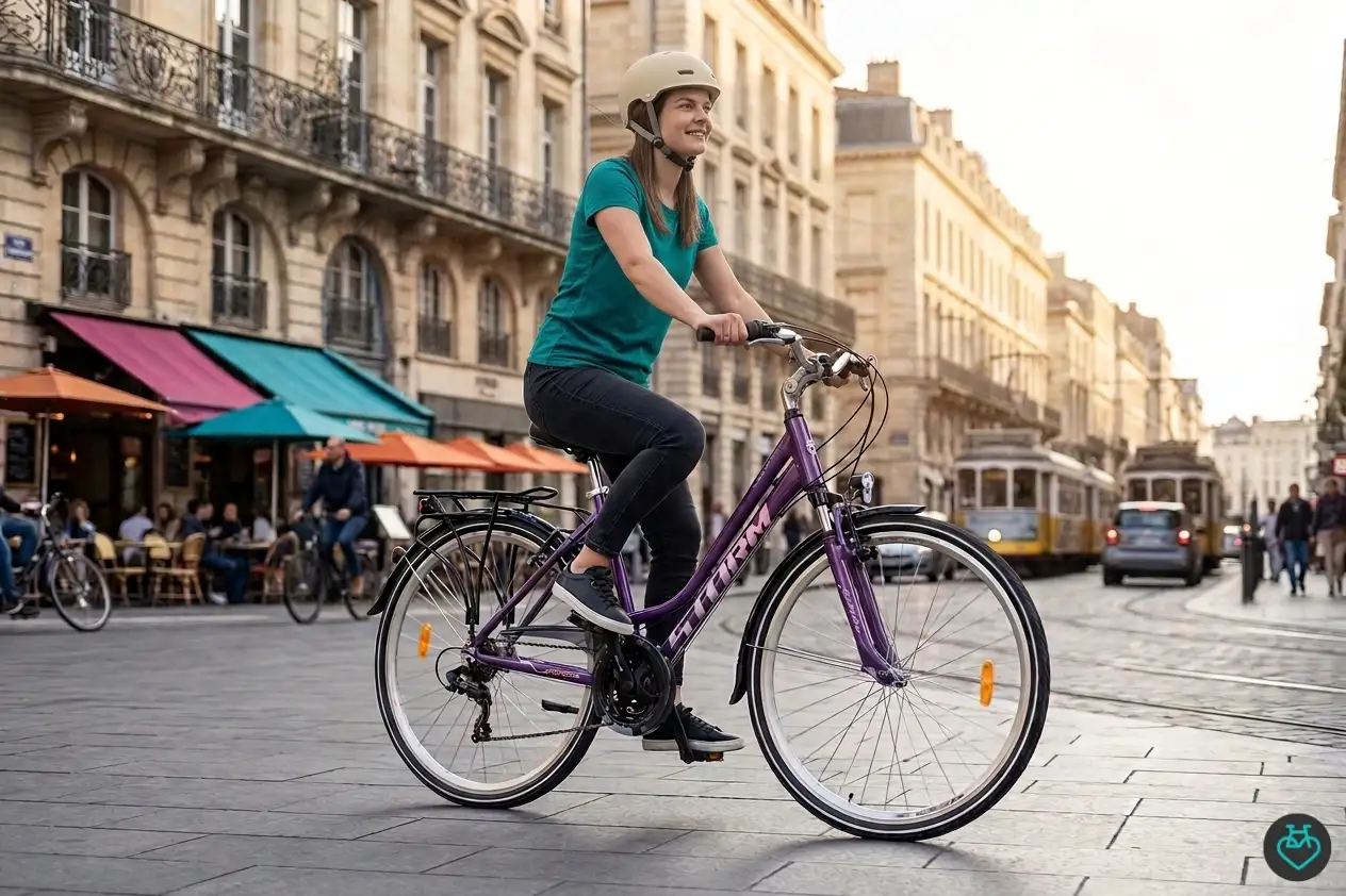Kobieta na rowerze Storm Marathon 1.0 w kolorze śliwkowym