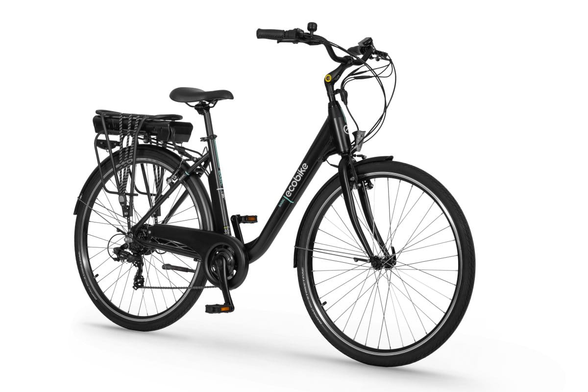 Budżetowy rower elektryczny miejski ECOBIKE Basic Black AXA