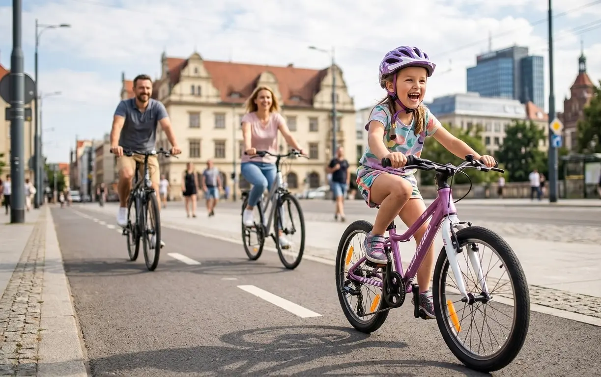 Uśmiechnięta dziewczynka na różowym rowerze Corratec BOW 20 cali podczas rodzinnej wycieczki z rodzicami